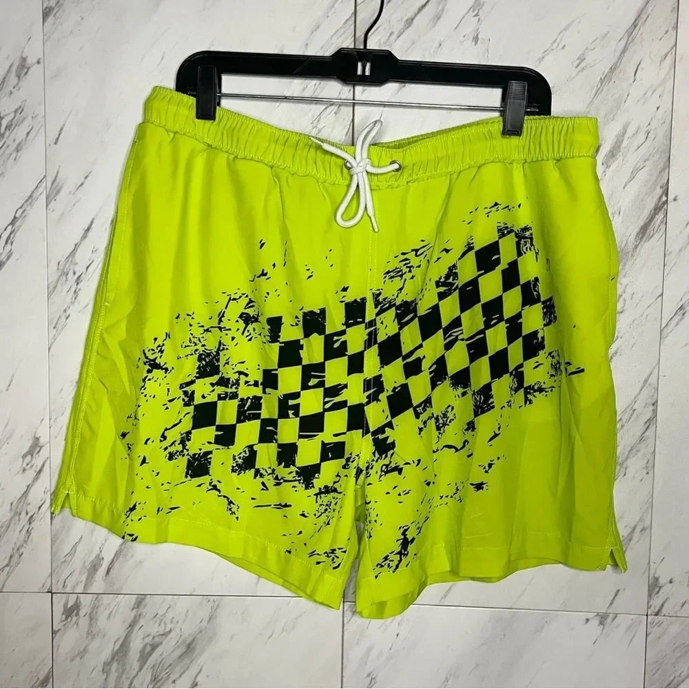 Bundle (2) Fashion Nova Men's Swim Trunks Checkered Past and Solid Green Size XL